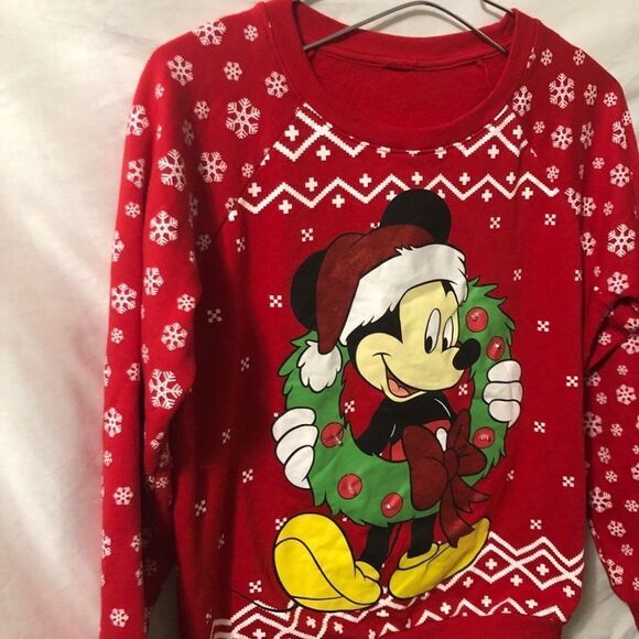 Mickey Mouse Christmas Light Up Wreath Lights Red Crewneck Sweatshirt Size S - Picture 2 of 9